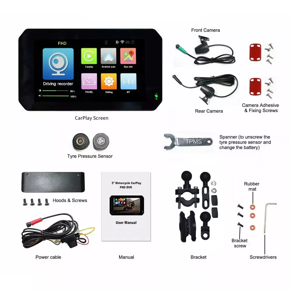 5" Portable CarPlay Motorcycle Camera Front&Rear Dash Cam - C5 - Image 8